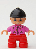 LEGO 47205pb018 Duplo Figure Lego Ville, Child Girl, Red Legs, Dark Pink Top with Flowers, Black Riding Helmet