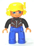LEGO 47394pb157 Duplo Figure Lego Ville, Male, Blue Legs, Brown Vest with Zipper and Zippered Pockets, Yellow Cap with Headset